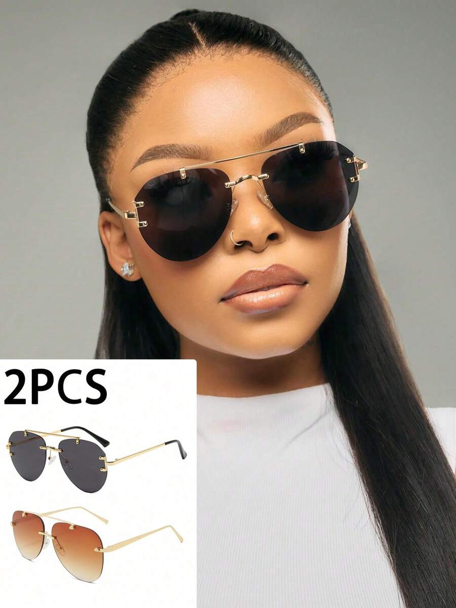 2副无框金属飞行员时尚眼镜，女士时尚眼镜，户外旅行驾车度假海滩配饰，ins街头风凹面眼镜，大框双梁飞行员眼镜，男士时尚眼镜 - 2pc(黑色和雙茶色) - 查看 1