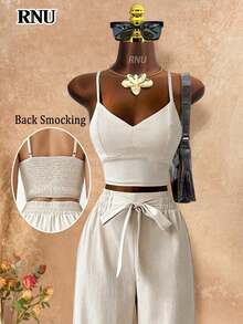 RNU Women's Apricot Elegant Gathered Bra Cup Bowknot Camisole, Paired With Elastic Waist Straight Leg Pants, 2-Piece Casual Outfit Suitable For Holiday, Beach, Valentine's Day, Carnival, Commuting, Office, Spring/Summer - Apricot - View 5