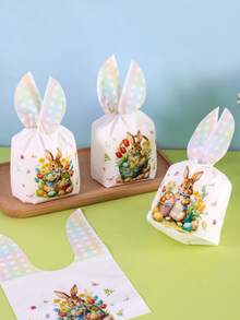 50个/包 春季复活节塑料礼品袋，兔耳朵设计，兔子和花卉图案礼品包装袋，彩色格子派对礼品袋，复活节家居装饰，节日春夏假日礼物包装用品，珠宝收纳袋 - 彩色 - 查看 3