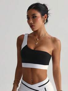 Women's Fashion Black & White Removable Padded One Shoulder Sports Knit Bra - Black and White - View 6