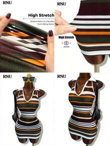 RNU 女士露脐上衣，Y2K 音乐节夜店修身弹力面料，露肩设计，休闲条纹风格，显瘦 V 领夏季度假装，迷彩条纹百搭无袖连衣裙，适合春夏穿着 - 彩色 - 查看 5