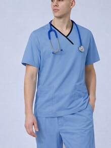 Men's Summer Contrast Trim Short Sleeve Top And Pants Set, Nurse/Doctor/Veterinary/Caregiver Uniform - Baby Blue - View 4