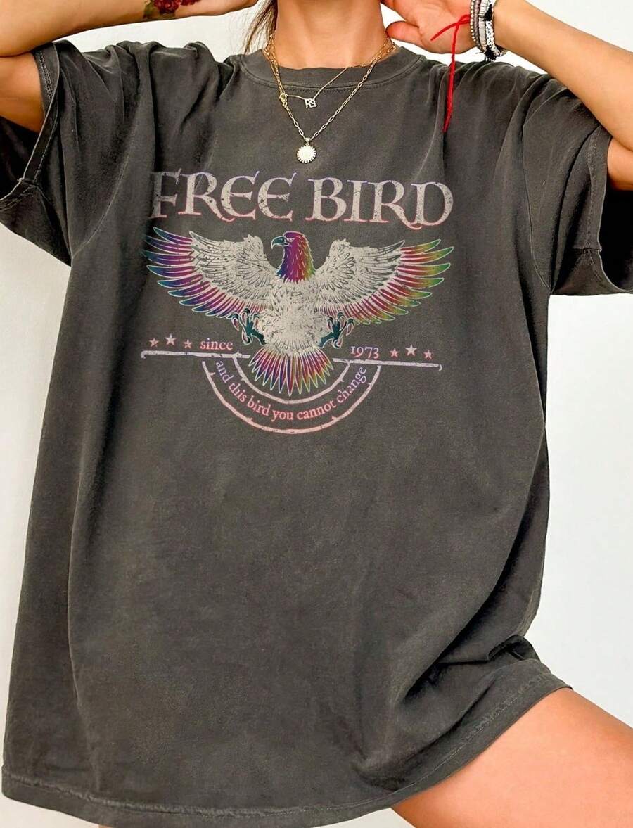 Free Bird Tee Band TShirt Old School Band T-Shirt Retro Music Shirt Rock Band Tee Shirts - 黑色 - 查看 1