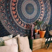 Hippy Mandala Bohemian Tapestries, Indian Dorm Decor, Tapestry Wall Hanging Ethnic Decorative Tapestry Neavy Blue Tarquish, 85x 55 Inches - inicial - Ver 1