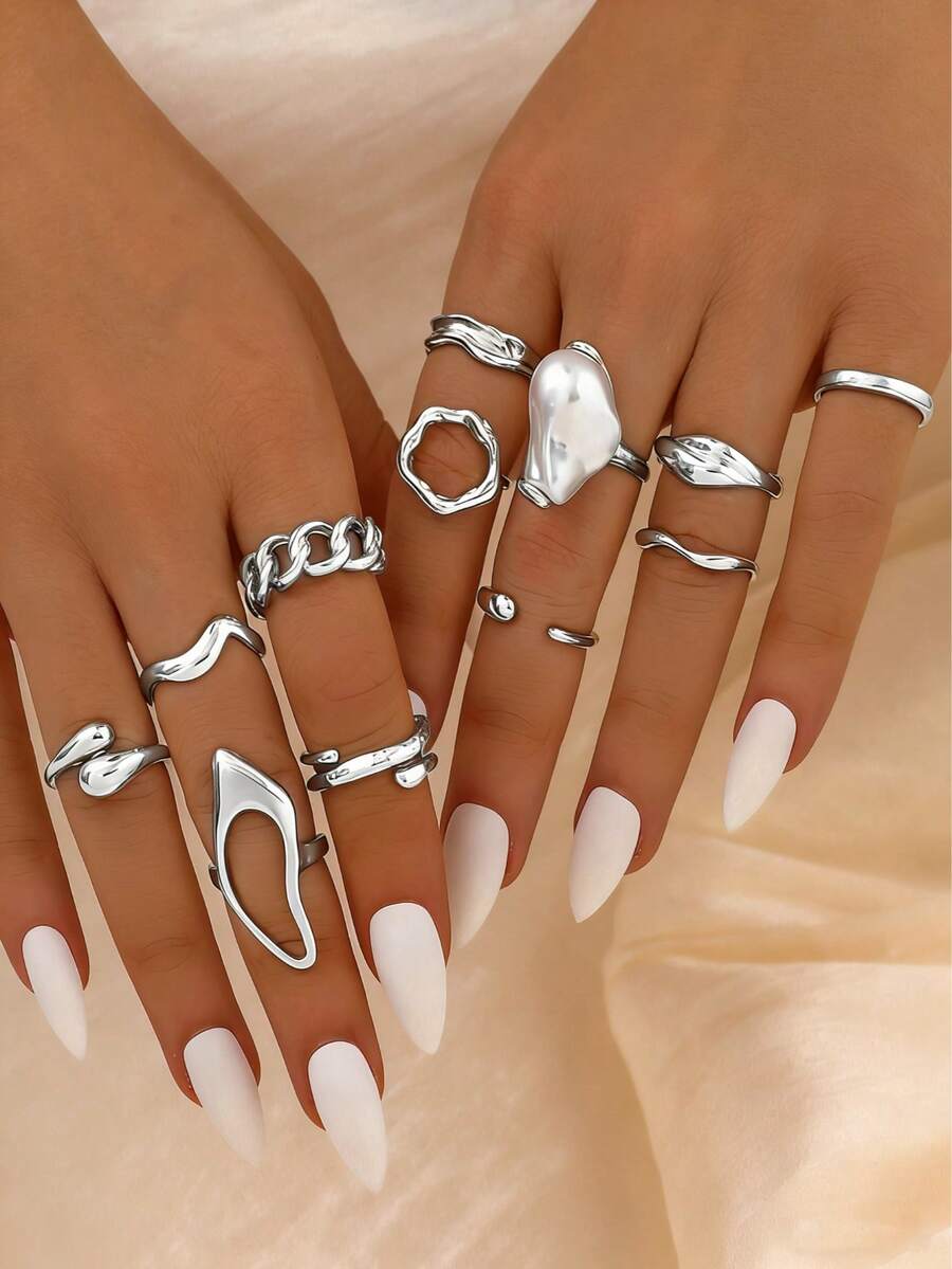 12pcs Baroque Style Faux Pearl Rings Set, Asymmetrical Layered Rings With Diverse Elements For Women - Silver - View 1