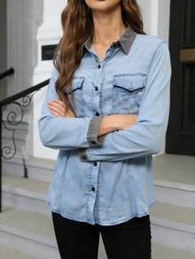 Women's Casual Collared Single-Breasted Long Sleeve Denim Blouse, Versatile For Daily Wear Spring - Light Wash - View 6