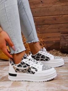 2.6英寸厚底女式运动鞋，春秋新款亮片系带高跟坡跟休闲鞋 - 黑與白 - 查看 5