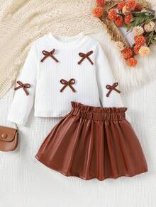 2pcs Girls Elegant Preppy Style Long Sleeve Top & Skirt Set, Autumn/Winter - White - View 1