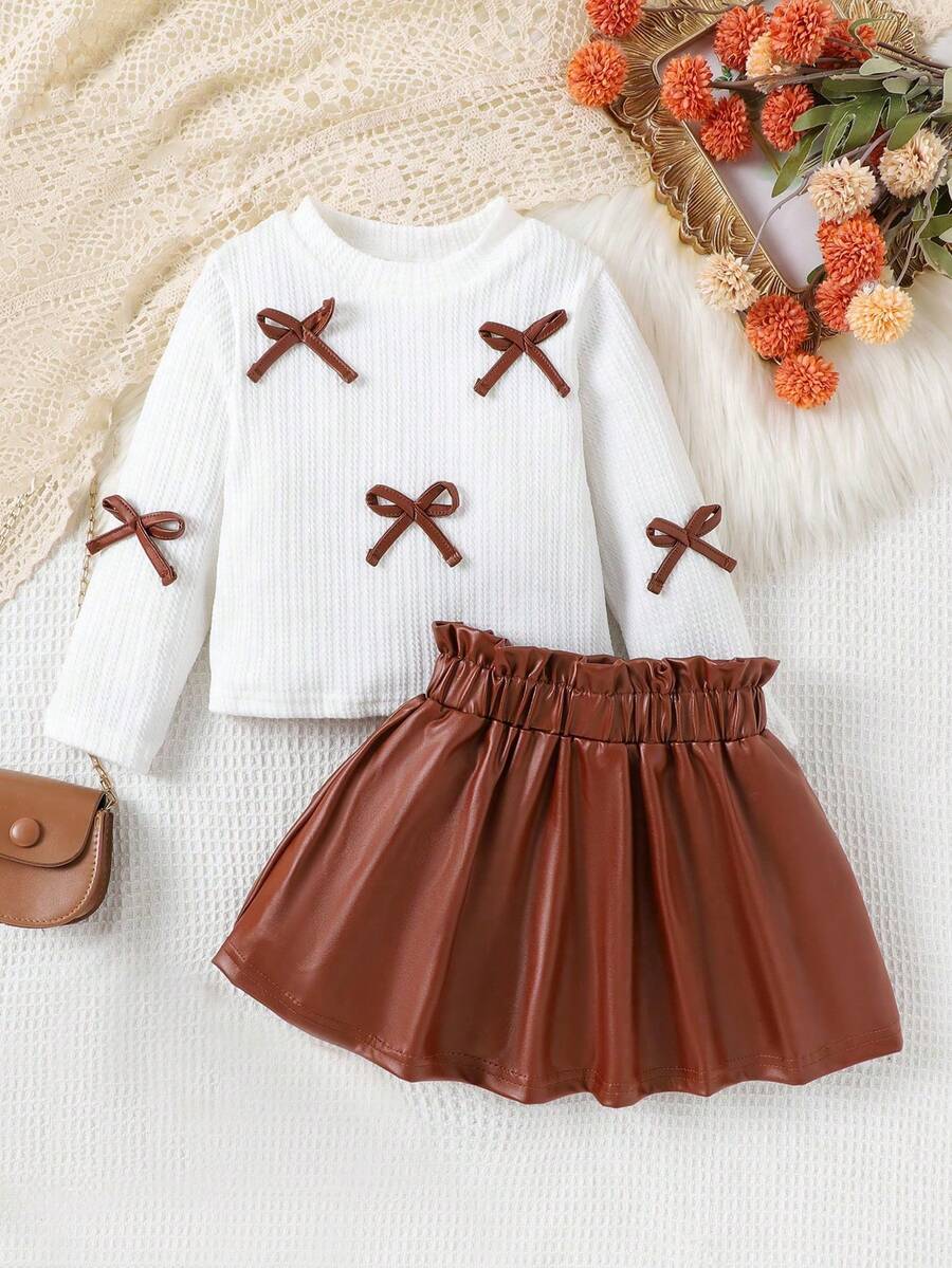 2pcs Girls Elegant Preppy Style Long Sleeve Top & Skirt Set, Autumn/Winter - White - View 1