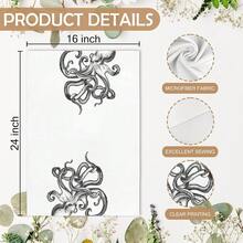 Coastal Octopus Decor Dish Hand Tea Towels For Bathroom Kitchen, Octopus Ocean Nautical Beachy Bathroom Decor, Black And White Coastal Nautical Kitchen Towels And Dishcloths Sets Of 2,16x24In - 白章魚 - 查看 8