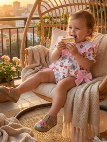 Infant Baby Girl Birthday Romper Letter Embroidery Bow Print Short Sleeve Ruffled Round Neck Bodysuit - Light Grey - View 5