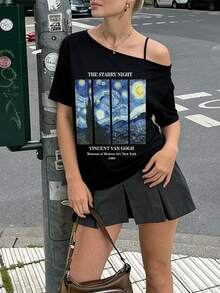 1件女士不对称露肩短袖T恤，星空印花，夏季 - 黑色 - 查看 3