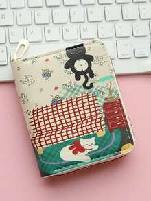 1pc Cute Cat Print Cartoon Women Short Zipper Coin Purse, Compact Wallet - Multicolor - View 7