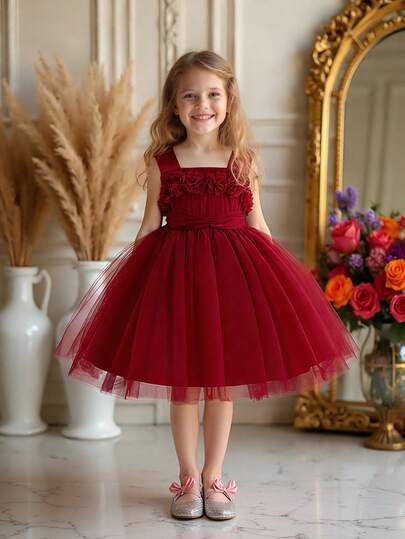 女童宽肩带3D立体花朵网纱优雅花童婚礼公主裙，适合生日派对、学校舞会、节日庆典等场合，不含头饰