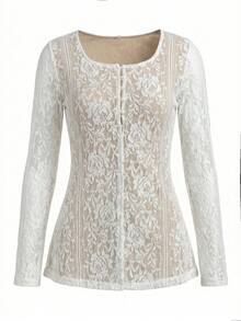 Elegant Flare Sleeve Hollow Lace Embroidery Long Sleeve Waist Cinched Midi Dress, Fitted & Slimming - White - View 8