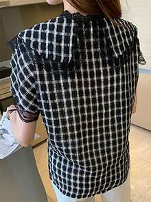 Áo sơ mi nữ tay ngắn cổ Peter Pan bằng vải chiffon, kiểu dáng thanh lịch, thường ngày, họa tiết kẻ caro và ren, màu đen. - màu đen - Xem 3