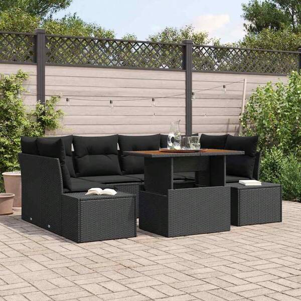 vidaXL Garden Dining Set With Cushions 7 Pcs Black And Brown