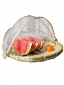 1 pieza Carpa de servicio de alimentos tejida, Bandeja de frutas Cubierta antiinsectos para exteriores de cesta tejida de bambú, Herramienta de almacenamiento a prueba de polvo para picnic - La verdadera naturaleza del bambú - Ver 3