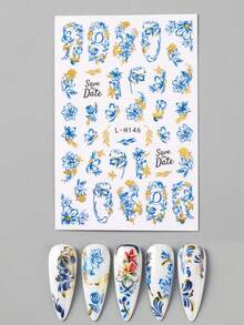 FULL BEAUTY 2片蓝色菊花大丽花美甲贴纸，奢华古铜色雏菊郁金香叶子浪漫腾曼春夏滑动式婚礼美甲饰品 - 彩色 - 查看 8