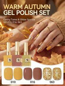 GMUME 3件組 16ml 秋季凝膠指甲油套組 No.010 016 063 芥末黃、棕色、金色亮片色，適合感恩節秋季豐收季美甲，浸泡式 UV LED 凝膠 3 步系統，需搭配底層油與頂層油 - 彩色 - 查看 2