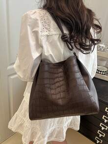 2025新款时尚大容量母女通勤包，高品质单肩水桶包设计 - 咖啡棕 - 查看 8