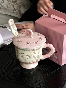 1 pièce Tasse en céramique avec couvercle et cuillère, décorée à la main avec un cygne, un lapin et une fée. Tasse à café latte artistique de style vintage français avec couvercle et cuillère. Tasse à avoine rétro pour le petit-déjeuner. Cadeau de haute qualité pour les amis et les amoureux. Convient pour les restaurants, les salons et les cafés. - Multicolore - Voir 7