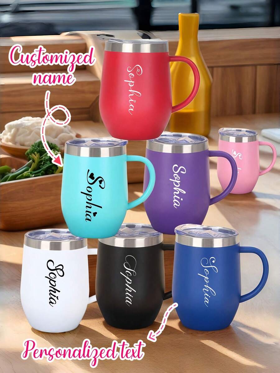 1pc Customized Personalized U-Shaped Handle Coffee Cup - Stainless Steel Insulated Tumbler, 12oz/350ml Portable European High-End Latte Cup, Reusable Double Wall Stainless Steel Vacuum Travel Mug, Vacuum Insulated Milk Cup Beverage Cup - Multicolor - View 1