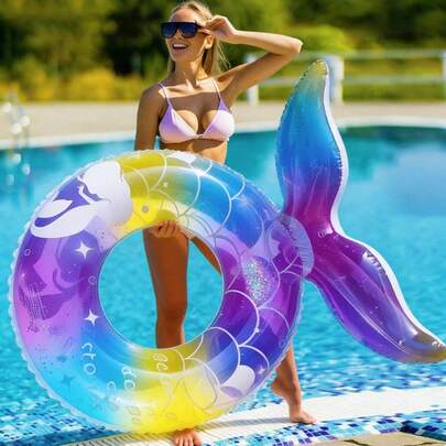 30-Inch Mermaid Inflatable Swimming Ring, Shimmering Sequin Design, Durable Buoyant Material For Adults, For Pool & Beach Fun, Summer Accessory, Water Game, Dreamy Style, Reliable Buoyancy, Family Pool Equipment