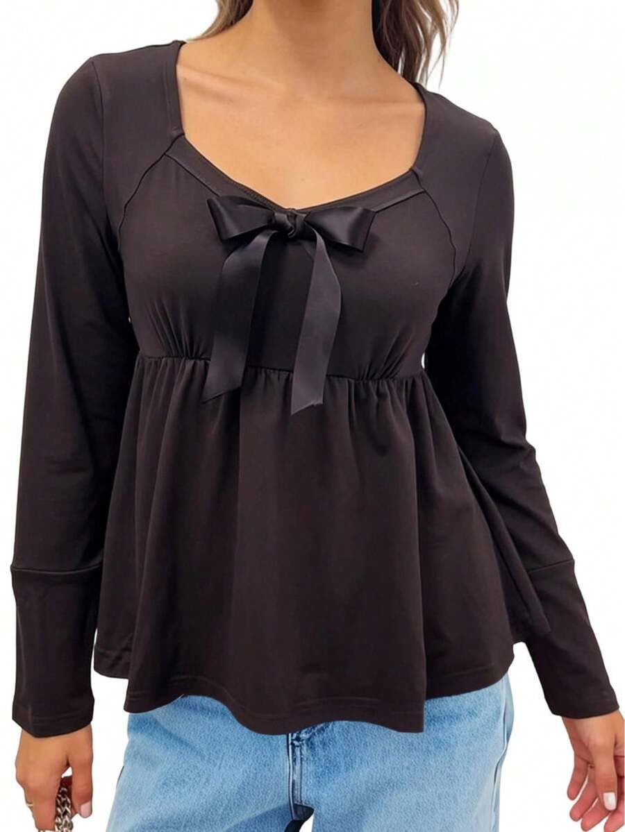 Women T-Shirt Long Sleeve Bowknot Pleated Solid Ladies Fall Tops Streetwear For Casual Daily - Dark Grey - View 1