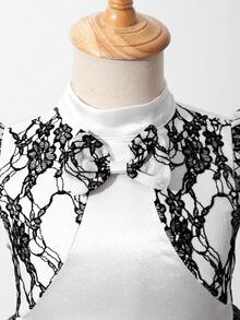 夏季新款女童蕾丝撞色网纱连衣裙，优雅时尚 - 白色 - 查看 3