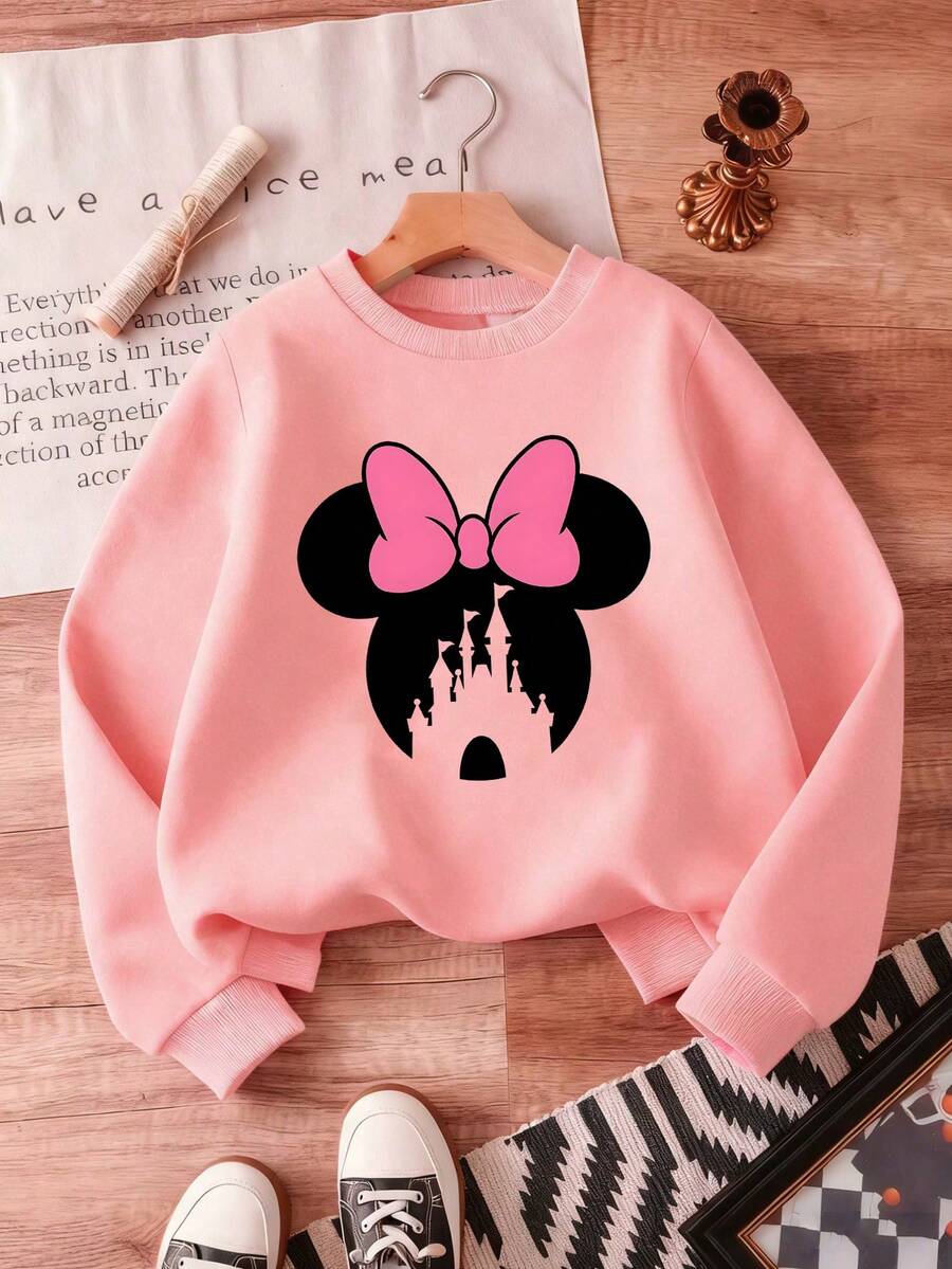 1pc Disney Minnie Mouse Playful Minimalist Graphic Print Tween Girl Casual Comfy Sweatshirt, Skin-Friendly & Easy To Wear, Ideal For School Days & Hangouts - Pink - View 1
