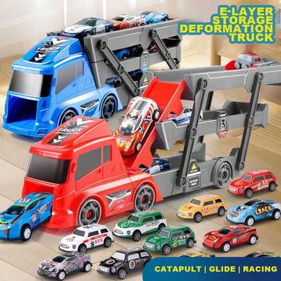1 Set Kids Interactive Transforming Truck Toy, 3-Layer Foldable Storage Carrier With Launching Function, Includes 3 Mini Racing Cars For Children To Race And Slide, Suitable As Christmas Or Birthday Gift