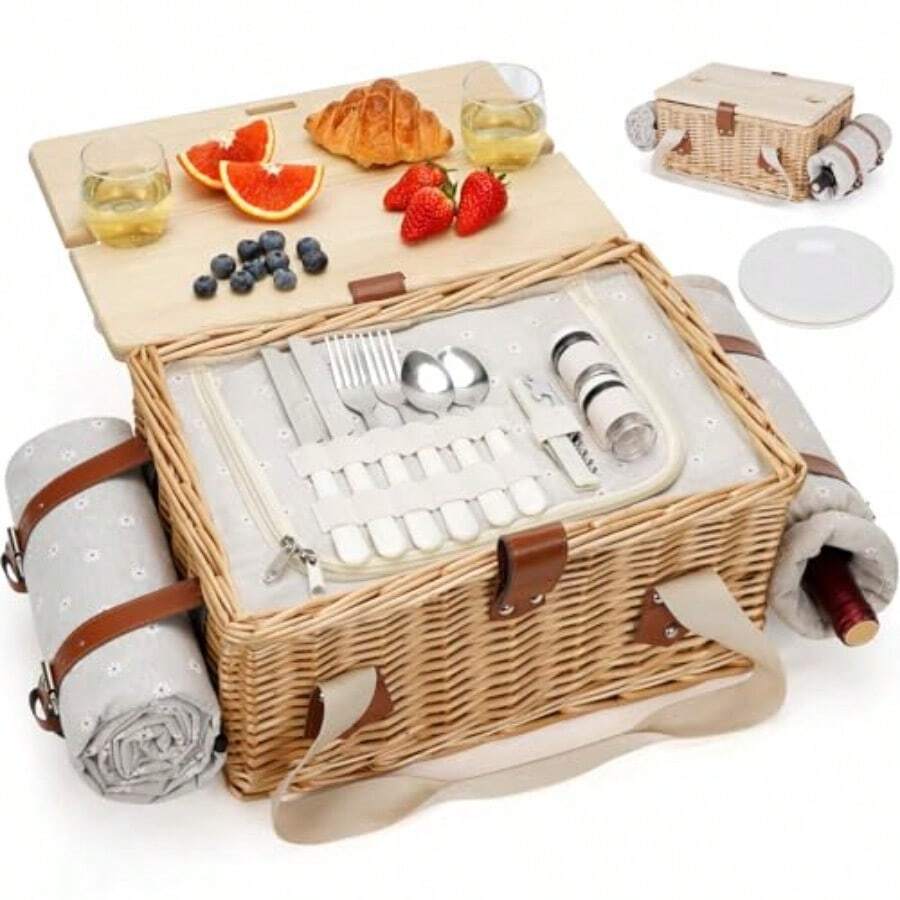 Dgsdhsdg HappyPicnic Picnic Basket For 2 Handmade Wicker Picnic Set With Folding Table And Waterproof Blanket Large Insulated Picnic Basket With Wine Bag And Cutlery Kit For Picnic Camping Holidays Flower - White Flower - View 1
