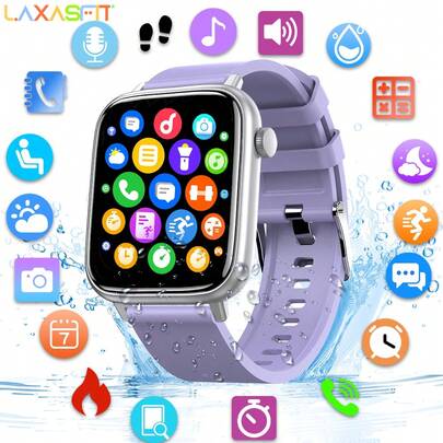 Laxasfit 男女通用智能手表，女士高清屏幕智能手表，1.83英寸高清彩色曲面屏，全贴合触控，运动型智能手表，支持多种语言，无线充电，音乐播放器，通话功能，消息通知，适用于安卓和iOS系统，适合上学、运动、聚会等场合。