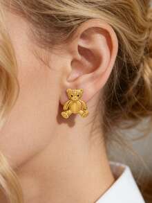 Mazuer 1对可爱条纹小熊耳钉，18K镀金不锈钢材质，女士饰品，日常佩戴，约会，生日礼物 - 金黃色 - 查看 6