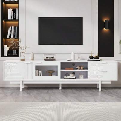 200*40*50.5 Cm Modern Einfacher Fernsehschrank, Lowboard Mit 2 Türen Und 2 Schubladen, TV-Ständer Mit Großem Stauraum, Wohnraumschrank Mit Gesamttragkraft Von 45kg, Geeignet Für 80-Zoll, Weiss