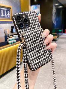 Luxury Houndstooth Pattern Phone Case With Card Slot & Detachable Strap, Multifunctional Houndstooth Lanyard Phone Case, Full Camera Protection Anti-Fall, Compatible With IPhone 11/12/13 Black & White Houndstooth Case With Strap, Compatible With IPhone 14/15/16/16 Pro Max Card Holder Phone Case, Compatible With IPhone 17/17 Pro/17 Pro Max Precise Cutout Lens Protection Case - Black and White - View 5