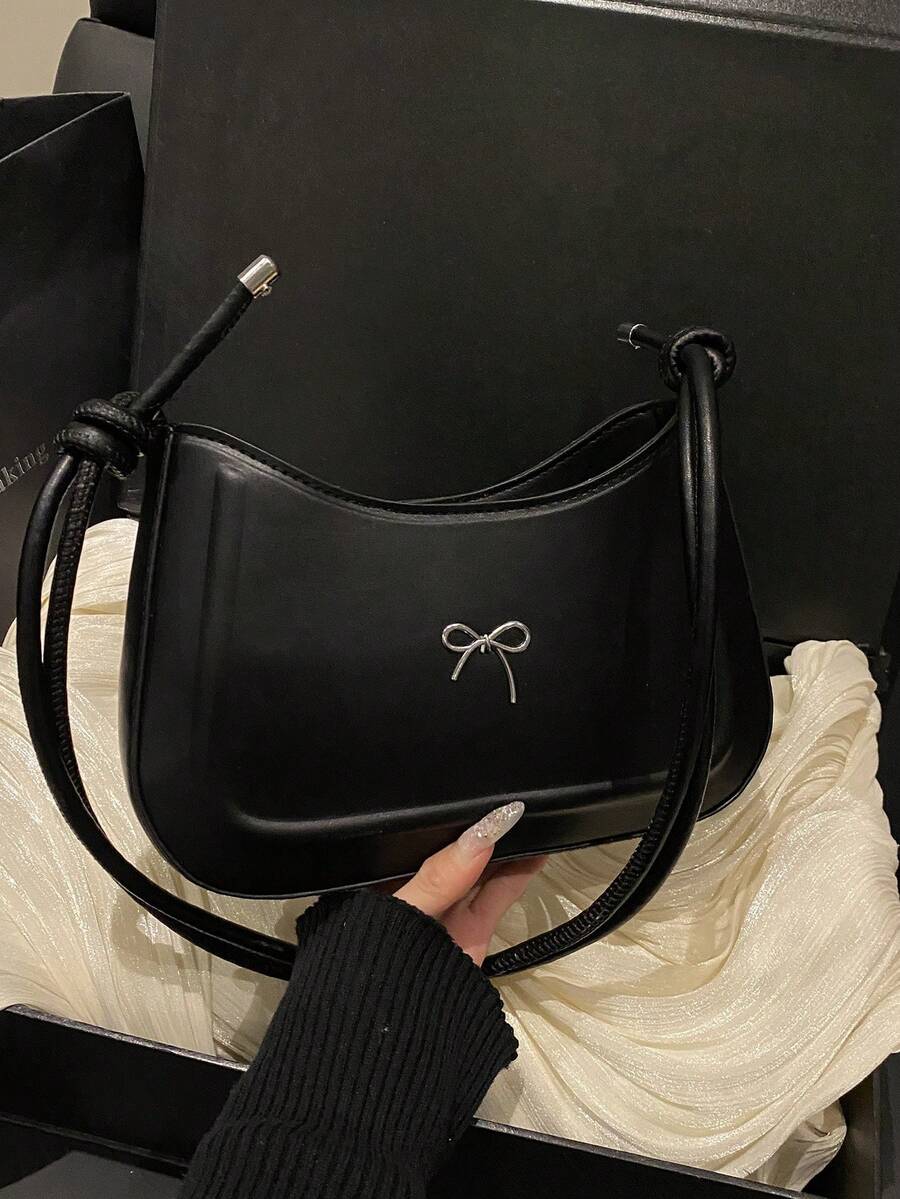 Sac à bandoulière avec nœud papillon et croissant, sac bandoulière chic, pochette minimaliste de couleur unie, design unique pour les déplacements - Noir - Voir 1