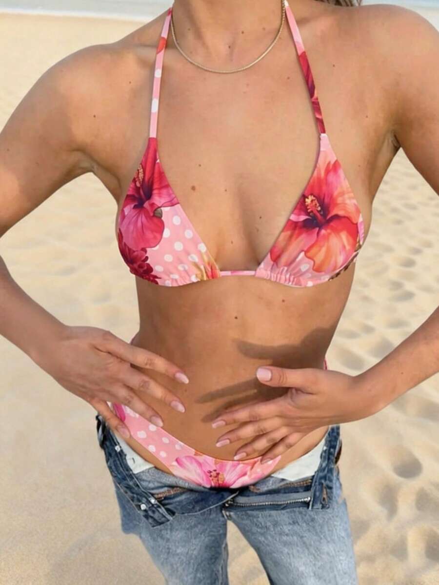 Women's Fashion Floral Print Halter Bikini Set Set - Multicolor - View 1