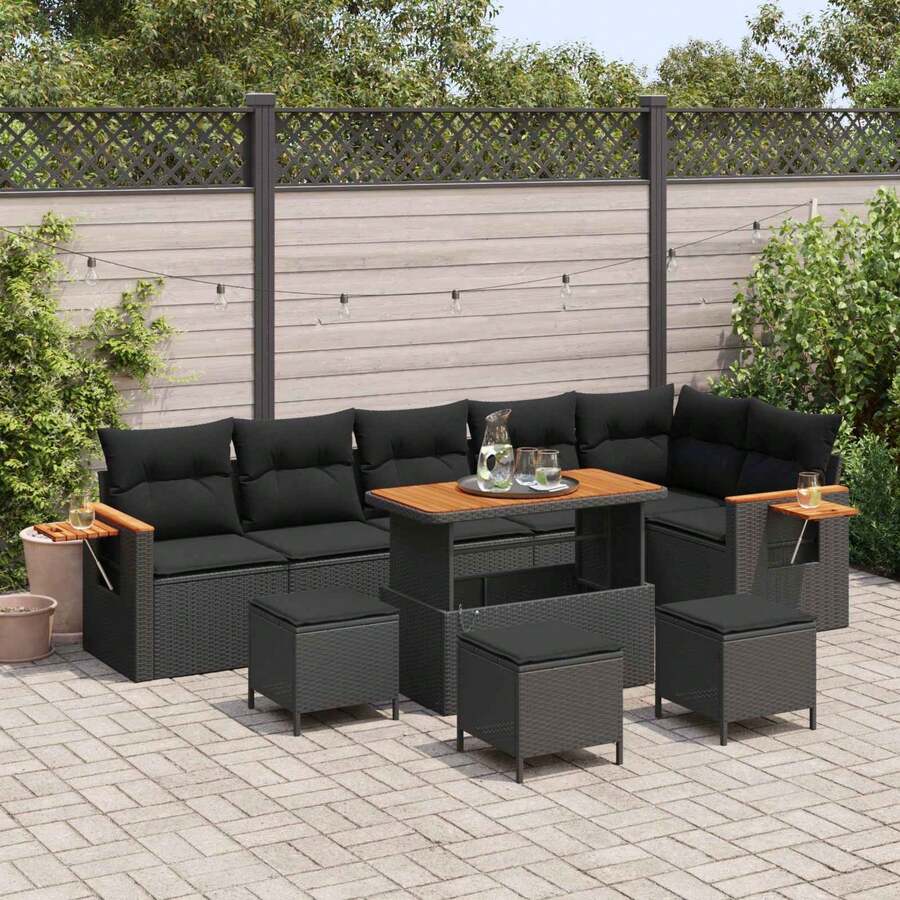 vidaXL 12-teiliges Garten-Sofa-Set mit Kissen, Schwarz Poly-Rattan - Schwarz - Übersicht 1