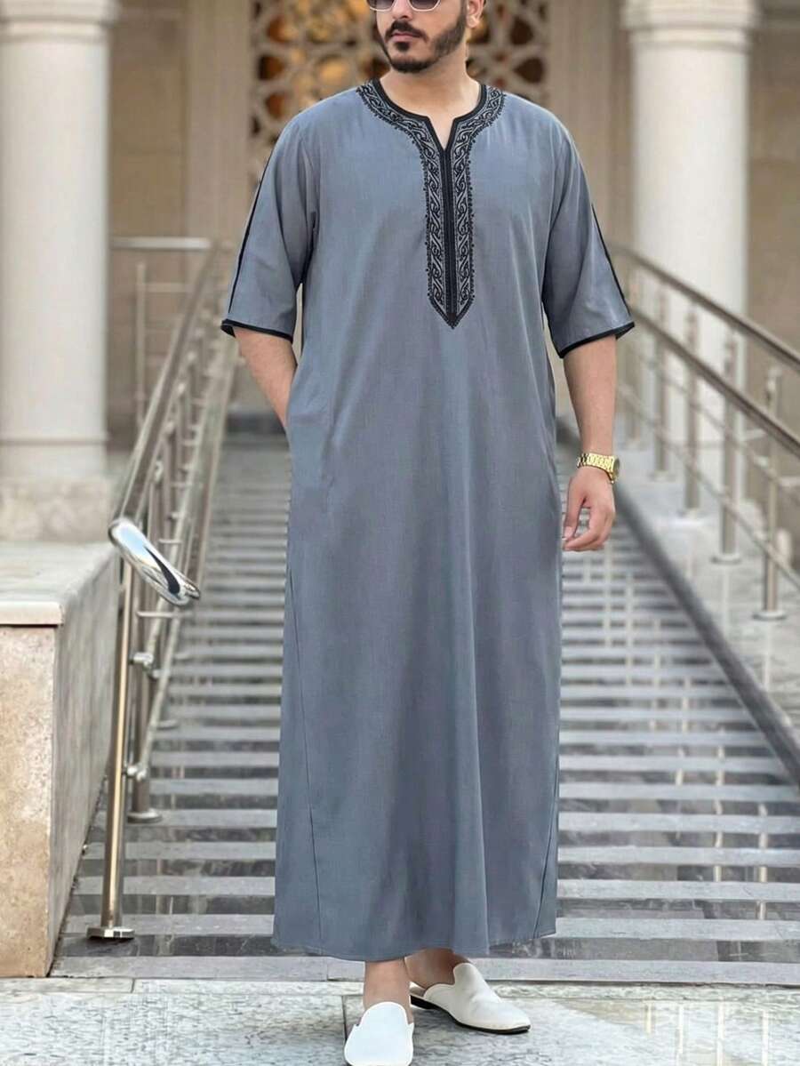 新款齋月男士長袍,黑色精緻刺繡寬鬆摩洛哥風男士長袍,適合節慶、派對、齋月禮物、日常穿著 - 灰色 - 查看 1