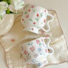 1PC Handmade Irregular Cute Flower Ceramic Mug, Coffee Cup, Oat Breakfast Cup, Latte Cup, Gift Others - Multicolor - View 1