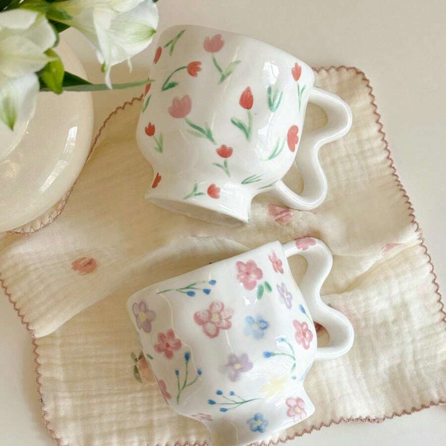 1PC Handmade Irregular Cute Flower Ceramic Mug, Coffee Cup, Oat Breakfast Cup, Latte Cup, Gift Others - Multicolor - View 1