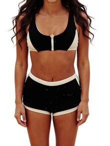 Women's 2 Piece Swimsuits Contrast Color High Waisted Bikini Set Summer Bathing Suits - Black - View 6