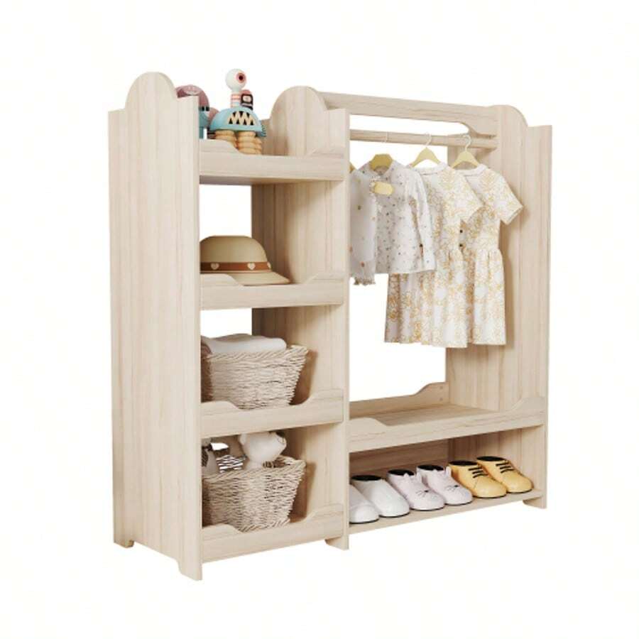 Children's Wardrobe With Hanging Rail And 4 Shelves, Storage For Children's Room, Freestanding Wardrobe In Natural Wood, 110 X 39 X 110 Cm - Natural Color - View 1