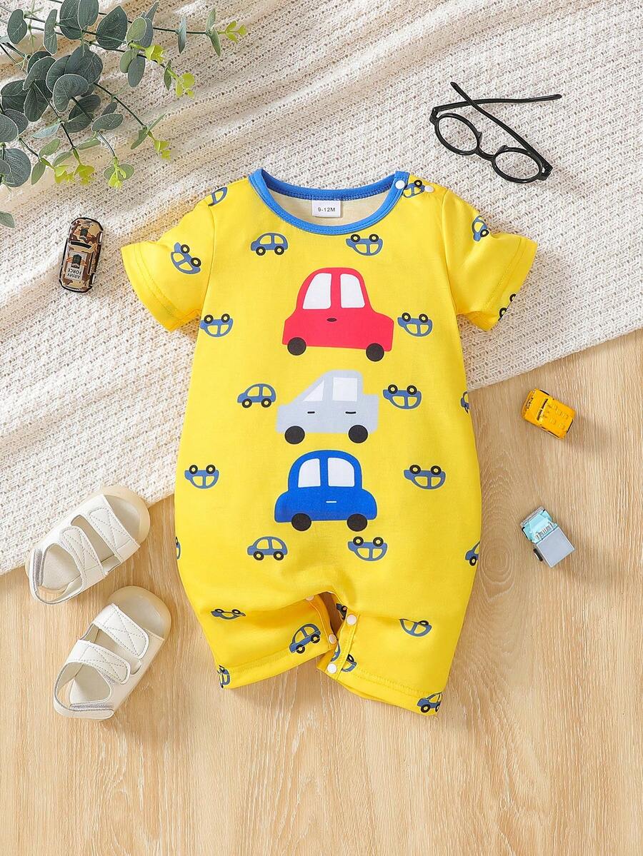 Pelele de manga corta con estampado de coche amarillo para bebé niño, primavera/verano - Amarillo - Ver 1