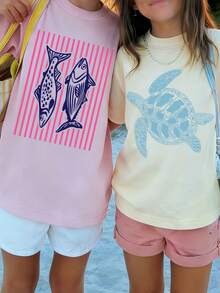 2 Stücke/Set bedruckte Kurzarm T-Shirts für Tween Mädchen, geeignet als Sommer-Oberteile für junge Schülerinnen - Verschiedenfarbig - Übersicht 4
