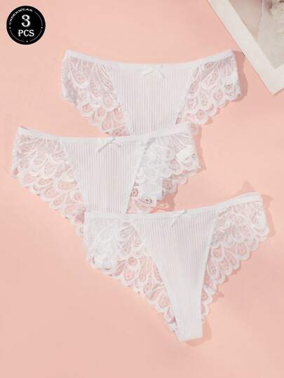 3pcs/Set Women's White Feather Pattern Lace Patchwork White Sexy Elegant Triangle Panties
