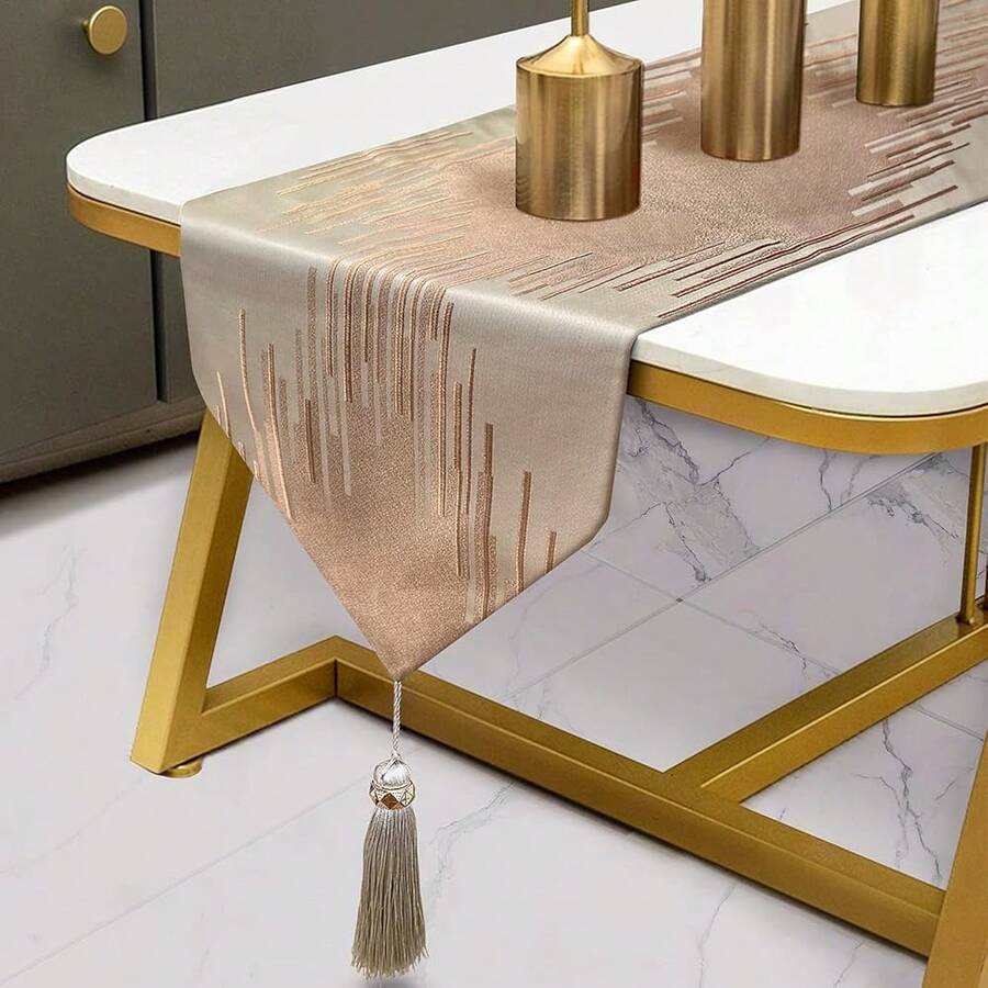 Camino de mesa de champán glamoroso de 13 x 98 pulgadas de largo, de doble capa con patrón abstracto y borlas de lujo para decoración del hogar en la mesa de café, sofá, cómoda, mesa de comedor y chimenea - Champán - Ver 1