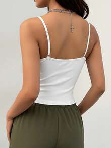 1pc Basic Casual Comfortable Women Camisole With Padded Bra, Slim Fit Cropped Ribbed Undershirt - White - View 6